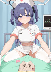 1boy 1girl absurdres bed black_panties blue_archive breasts cardiogram condom condom_wrapper doodle_sensei_(blue_archive) garter_straps gloves hat heart highres hoshi_kitsune hospital_bed large_breasts licking_lips long_hair looking_at_viewer midriff miniskirt navel nurse nurse_cap panties pov purple_eyes purple_hair sensei_(blue_archive) short_sleeves skirt solo_focus textless_version thighhighs tongue tongue_out two_side_up underwear white_garter_straps white_gloves white_skirt white_thighhighs yuuka_(blue_archive)
