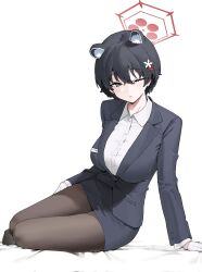 Rule 34 | 1girl, animal ears, black hair, blue archive, breasts, button gap, check commentary, collared shirt, commentary, commentary request, gloves, grey eyes, hair between eyes, hair ornament, halo, highres, large breasts, long hair, lying, mark jin, miniskirt, name tag, official alternate costume, on bed, one eye closed, pantyhose, partial commentary, pencil skirt, red halo, shirt, short hair, skirt, solo, tour guide, translated, tsubaki (blue archive), tsubaki (guide) (blue archive), white background, white gloves