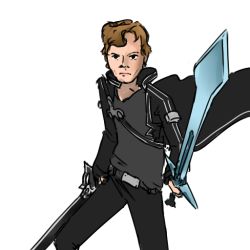 1boy 4chan brown_hair cosplay dual_wielding holding kirito kirito_(cosplay) long_coat male_focus moot penguin_(4chan) simple_background solo sword sword_art_online weapon white_background