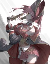 Rule 34 | 1girl, absurdres, antique firearm, ascot, black choker, black coat, black hat, black thighhighs, breasts, choker, cleavage, coat, cropped jacket, firearm, frilled choker, frills, gun, hair ribbon, hat, heterochromia, highres, holding, holding gun, holding weapon, hololive, houshou marine, houshou marine (1st costume), jacket, large breasts, leotard, leotard under clothes, looking at viewer, open mouth, pirate hat, red ascot, red eyes, red hair, red jacket, red ribbon, red skirt, ribbon, skirt, smile, solo, thighhighs, tqg 07, twintails, virtual youtuber, weapon, yellow eyes