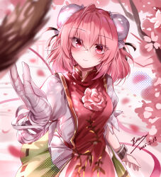 Rule 34 | 1girl, absurdres, bandaged arm, bandages, blush, breasts, bun cover, cherry blossoms, closed mouth, commentary, dated, dated commentary, double bun, flower, green skirt, hair bun, highres, ibaraki kasen, pink eyes, pink flower, pink hair, pink rose, pink tabard, ribbon-trimmed skirt, ribbon trim, rose, shirt, short sleeves, signature, skirt, smile, solo, tabard, top-exerou, touhou, white shirt