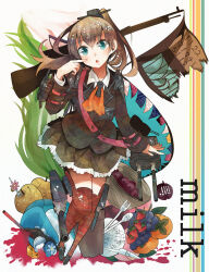 1girl :o apple aqua_eyes ascot assault_rifle blush bowl brown_hair brown_jacket brown_skirt buttons collared_shirt cup drinking_glass drinking_straw food fork frilled_skirt frills fruit full_body grapes gun hat head_tilt highres ice ice_cube itomugi-kun jacket kantai_collection knife kumano_(kancolle) long_hair long_sleeves looking_at_viewer machinery open_mouth plate pleated_skirt pointing pointing_at_self ponytail red_thighhighs rifle ship_turret shirt skirt solo spoon straw_hat thighhighs weapon white_shirt wing_collar zettai_ryouiki