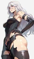 1girl a2_(nier:automata) ass bare_shoulders black_gloves black_shirt black_shorts blue_eyes breasts elbow_gloves gloves grey_hair highres lainart long_hair medium_breasts nier:automata nier_(series) robot_girl shirt short_shorts shorts simple_background solo white_background