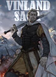 1boy absurdres armor askeladd battlefield beard cape closed_mouth connected_beard copyright_name facial_hair fingernails grey_sky highres holding holding_sword holding_weapon long_sleeves looking_to_the_side male_focus mature_male nyeigneous outdoors over_shoulder sky solo sword sword_over_shoulder vinland_saga weapon weapon_over_shoulder white_cape