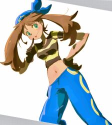 1girl :p bandana black_gloves blue_bandana blue_eyes blue_pants brown_hair cosplay cropped_shirt eyelashes gloves hand_on_own_hip highres looking_at_viewer may_(pokemon) midriff navel nintendo pants pokemon pokemon_rse shirt short_sleeves solo striped_clothes striped_shirt team_aqua_grunt team_aqua_grunt_(cosplay) team_aqua_uniform tongue tongue_out twitter_username zs_(zero_sickkkzs)