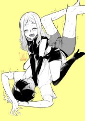 1boy 1girl :d blush dominatrix femdom hand_around_neck hiero0301 kneehighs open_mouth shorts sitting sitting_on_person smile socks strangling yellow_background