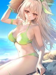 1girl absurdres adjusting_clothes adjusting_headwear arm_at_side arm_strap arm_up bikini blonde_hair blue_sky blurry blurry_background bracelet breasts cleavage cloud collarbone commentary cowboy_shot crossed_bangs day depth_of_field double-parted_bangs eyelashes floating_hair green_bikini green_nails green_ribbon hair_intakes hair_ribbon hat highres jewelry large_breasts light_blush long_hair looking_at_viewer nail_polish navel on_rock one_side_up orange_eyes original outdoors parted_lips ribbon rock sitting sky solo stomach straw_hat sunlight swimsuit turning_head twisted_torso wind yuye
