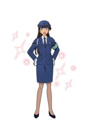 Rule 34 | 1girl, :d, armband, black necktie, black shoes, blue eyes, blue hat, blue jacket, blue skirt, brown hair, brown pantyhose, collared shirt, full body, green armband, hands on own hips, hat, high heels, jacket, japan national police, long hair, long sleeves, looking at viewer, meitantei conan, miniskirt, miyamoto yumi, necktie, non-web source, official art, open mouth, pantyhose, pencil skirt, police, police hat, police uniform, policewoman, shirt, shoes, skirt, smile, solo, sparkle, standing, straight-on, transparent background, v-shaped eyebrows, white shirt