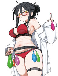 1girl belt bikini black_belt black_hair blush breasts closed_mouth cowboy_shot glasses hair_between_eyes hair_bun highres holding jacket kounosu_satori large_breasts middle_finger nail_polish navel null-meta official_alternate_costume official_alternate_hairstyle open_clothes open_jacket orange_eyes red-framed_eyewear red_bikini red_nails sexually_suggestive simple_background solo souen_chiaki sweat swimsuit very_sweaty water_balloon white_background white_jacket