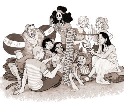 2girls 6+boys afro brook_(one_piece) buzz_cut commentary cross cup curly_eyebrows disembodied_hand english_commentary extra_arms eyewear_on_head facial_hair franky_(one_piece) goatee greyscale hair_over_one_eye hana_hana_no_mi hat head_rest headband highres holding holding_cup jenga long_hair long_nose monkey_d._luffy monochrome multiple_boys multiple_girls nami_(one_piece) nico_robin notice_lines one_piece ponytail ppitteart roronoa_zoro sanji_(one_piece) short_hair sideburns signature sitting skeleton straw_hat_pirates swept_bangs tony_tony_chopper usopp very_short_hair