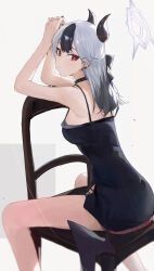 1girl absurdres ass back black_dress black_hair blue_archive bright_pupils chair dress halo highres horns jianjia kayoko_(blue_archive) kayoko_(dress)_(blue_archive) looking_back multicolored_hair red_eyes sitting two-tone_hair white_hair white_halo white_pupils
