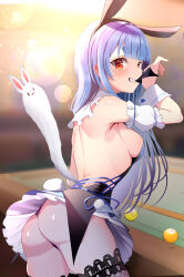 Rule 34 | 1girl, absurdres, animal ear hairband, animal ears, ass, backless dress, backless outfit, black dress, black panties, blue hair, blue skirt, blunt bangs, blurry, blurry background, breasts, detached sleeves, don-chan (usada pekora), dress, fake animal ears, fishnet thighhighs, fishnets, frilled dress, frills, from behind, grin, hair over shoulder, hairband, highres, hinoki kahun0, hololive, indoors, long hair, looking at viewer, looking back, median furrow, medium breasts, miniskirt, official alternate costume, official alternate hairstyle, orange eyes, panties, pantyshot, pleated skirt, pom pom (clothes), pool table, puffy detached sleeves, puffy short sleeves, puffy sleeves, rabbit-shaped pupils, rabbit ear hairband, rabbit ears, rabbit girl, rabbit tail, short dress, short eyebrows, short sleeves, sideboob, skirt, skirt under dress, sleeveless, sleeveless dress, smile, solo, symbol-shaped pupils, table, tail, thick eyebrows, thighhighs, underwear, usada pekora, usada pekora (furi furi bunny dress), virtual youtuber, white skirt, white sleeves, wrist cuffs