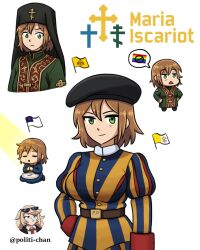 4girls belt beret black_belt black_hat black_jacket blue_dress blue_tunic breasts brown_hair buttons chibi chibi_inset christianity closed_eyes closed_mouth commentary cropped_torso cross cross_bottony cross_necklace dress dress_shirt english_commentary eyewear_on_head green_dress green_eyes hair_between_eyes hands_in_pockets hat highres jacket jewelry juliet_sleeves koukoulion latin_cross long_sleeves looking_at_viewer looking_down looking_to_the_side multiple_girls necklace necktie no_symbol open_clothes open_jacket original orthodox_cross politi-chan praying priest print_dress puffy_sleeves rainbow_flag red_necktie semi-circular_eyewear shirt simple_background speech_bubble spoken_no_symbol suit_jacket sunglasses triangle_mouth tunic twitter_username vatican_flag white_background white_shirt yellow_tunic