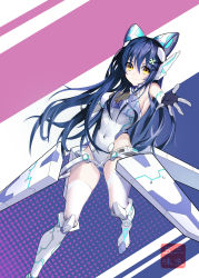 1girl absurdres blue_hair breasts closed_mouth date_a_live genderswap genderswap_(mtf) gloves hair_ornament highres itsuka_shiori leotard long_hair looking_at_viewer mecha_musume mikuandalice open_hand sideboob smile solo white_legwear white_leotard yellow_eyes