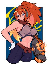1girl arm_at_side armpit_crease blue_background blue_eyes border borrowed_character breasts brown_hair brown_sash brown_scarf closed_mouth commission cowboy_shot crop_top cropped_legs double-parted_bangs downturned_eyes gloves grey_shirt hacco_mayu hair_between_eyes hand_on_own_hip headphones highres impossible_clothes light_frown long_hair looking_at_viewer mechanical_arms medium_breasts mismatched_arms narrow_waist original outside_border scarf second-party_source serious shirt sideboob single_bare_arm single_glove skeb_commission standing stomach tall_female toned toned_female tsurime turning_head white_border white_gloves wide_ponytail