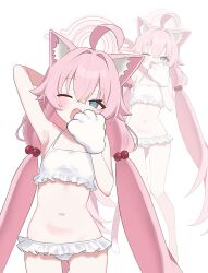 1girl ahoge animal_ear_fluff animal_ears animal_hands arms_up bikini blue_archive blue_eyes cat_ears extra_ears frilled_bikini frills gloves hair_bobbles hair_ornament halo highres hoshino_(blue_archive) hoshino_(swimsuit)_(blue_archive) long_hair low_twintails navel official_alternate_costume one_eye_closed open_mouth paw_gloves peacem4ker pink_hair pink_halo sleepy solo swimsuit twintails yawning