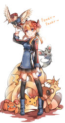 10s 1girl anchor_hair_ornament black_skirt black_thighhighs blonde_hair blue_eyes boots bow color_connection cross crossover dango_remi gekkan_shoujo_nozaki-kun gen_1_pokemon gen_5_pokemon german_text gloves great_ball hair_bow hair_ornament hat highres holding holding_poke_ball holding_unworn_clothes holding_unworn_hat iron_cross kantai_collection long_sleeves looking_at_viewer microskirt military military_hat military_uniform minccino ninetales nintendo ozawa_ari paras peaked_cap pidgeot pidgeotto pikachu pleated_skirt poke_ball pokemon pokemon_(creature) polka_dot polka_dot_bow prinz_eugen_(kancolle) sakura_chiyo simple_background skirt smile tanuki thighhighs twintails unworn_hat unworn_headwear voice_actor_connection white_background white_gloves zettai_ryouiki