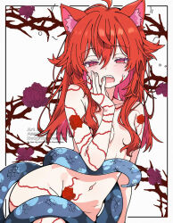 1girl animal_ears arm_tattoo asami-chan branch breasts commission facial_tattoo flower_tattoo hand_on_own_face highres indie_virtual_youtuber leg_tattoo long_hair looking_at_viewer navel nude open_mouth red_eyes red_hair rosaelyon sleepy small_breasts snake_tail stomach tail tail_around_waist tail_censor tattoo virtual_youtuber yawning