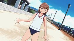 2girls 3d absurdres animated armpits blush brown_eyes brown_hair cloud cloudy_sky dancing grin gym_uniform hiding highres lamp misaka_mikoto msaka multiple_girls object_on_head panties panties_on_head shirai_kuroko shoes sky smile socks sound thighs toaru_kagaku_no_railgun toaru_majutsu_no_index tree underwear video vocaloid