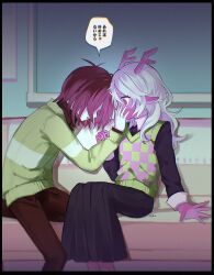 1girl 1other animal_ears antlers black_border black_dress black_shirt blonde_hair border brown_eyes brown_hair brown_pants checkered_sweater_vest commentary_request couch covering_another&#039;s_mouth deer_antlers deer_ears deer_girl deltarune dress furry furry_female green_sweater green_sweater_vest hand_on_another&#039;s_wrist highres horns kris_(deltarune) long_dress long_hair long_sleeves noelle_holiday on_couch open_mouth pants shirt short_hair signature sitting smy_610 speech_bubble striped_clothes striped_sweater sweater sweater_vest translated weird_route_(deltarune)