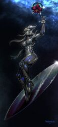 Rule 34 | 1girl, 2025, abs, absurdres, artist name, blue eyes, bodysuit, danderfull, fantastic four, highres, long hair, looking up, marvel, metroid, metroid (creature), metroid larva, mole, mole under mouth, muscular, muscular female, nintendo, samus aran, silver skin, silver surfer, skin tight, sky, space, star (sky), starry sky, surfboard, white hair, zero suit