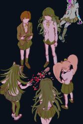 6+girls ankle_socks bag black_background black_bag black_hair black_skirt black_socks black_thighhighs blazer blonde_hair blood blood_on_face blood_on_hands blunt_bangs brown_footwear brown_jacket brown_ribbon brown_sleeves brown_socks camera camera_around_neck collared_jacket collared_shirt commentary_request cone_hair_bun danganronpa_(series) danganronpa_2:_goodbye_despair death double_bun faceless faceless_female flower from_behind glass_shards glitch green_ribbon grey_hair hair_bun hair_ribbon highres holding holding_camera jacket kneehighs koizumi_mahiru kuzuryu_natsumi long_hair long_sleeves mimulishizi miniskirt mioda_ibuki multicolored_hair multiple_girls neck_ribbon pink_blood plant pleated_skirt potted_plant red_flower red_hair ribbon saionji_hiyoko satou_(danganronpa) school_bag school_uniform shirt shoes short_hair short_sleeves simple_background skirt sneakers socks streaked_hair thighhighs tsumiki_mikan twintails uwabaki vase wavy_hair white_footwear white_shirt white_sleeves white_socks