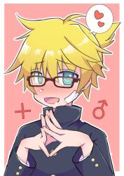 1boy @_@ ahoge aroused aroused_nosebleed bandaged_head bandages blonde_hair blood blue_eyes blush collared_shirt commentary dameko1129 drooling gakuran glasses heart kagamine_len mars_symbol nosebleed open_mouth pink_background plus_danshi_(vocaloid) plus_sign school_uniform shirt short_hair simple_background smile speech_bubble spoken_heart tissue_in_nose vocaloid