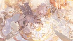 1girl animal_ear_fluff animal_ears blonde_hair blush bow breasts cake cat chef_hat closed_eyes dress drill_hair food fork hair_bow hair_ornament hat highres holding holding_staff long_hair open_mouth original shoes short_sleeves sleeping staff striped_clothes striped_thighhighs thighhighs twin_drills umehara_sei white_dress