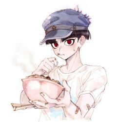 1boy bandaid bandaid_on_arm black_hair blue_hat bowl chopsticks food food_on_face good_end hat highres holding holding_bowl holding_chopsticks male_focus maruko_gaku print_shirt red_eyes shirt short_hair sweatdrop takumi_go_lucky the_hundred_line_-last_defense_academy- very_short_hair white_background white_shirt