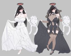 Rule 34 | 1girl, bare shoulders, black hair, black shoes, black thighhighs, blue archive, bouquet, breasts, bridal veil, bride, bright pupils, cleavage, dress, elbow gloves, flower, gloves, hair ornament, hairclip, halo, high heels, highres, holding, holding bouquet, huge breasts, jewelry, lengkuass, long hair, looking at viewer, red eyes, rio (blue archive), shoes, solo, thighhighs, veil, very long hair, wedding dress, white dress, white gloves, white pupils, white shoes