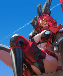 1girl absurdres antenna_hair aviator_sunglasses between_breasts black_gloves black_jacket black_pants blue_sky breasts cleavage clothing_cutout commentary_request cropped_jacket fingerless_gloves gloves goddess_of_victory:_nikke grin gun hair_between_eyes hair_flaps hair_intakes highres hip_vent holding holding_gun holding_weapon horns jacket jacket_on_shoulders kimdooboo large_breasts leather leather_jacket leather_pants leg_cutout long_hair long_sleeves looking_at_viewer mechanical_horns midriff pants partial_commentary red_hair red_hood_(nikke) red_jacket red_scarf rifle scarf sidelocks sitting skindentation sky smile sniper_rifle solo strap_between_breasts sunglasses teeth unzipped weapon yellow_eyes zipper