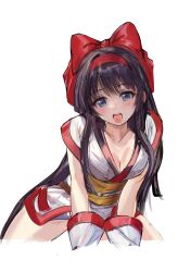 1girl ainu_clothes arm_support blue_eyes blush breasts cleavage hair_ribbon highres long_hair looking_at_viewer medium_breasts nakoruru open_mouth purple_hair ribbon samurai_spirits snk solo spread_legs teeth the_king_of_fighters tongue tongue_out very_long_hair