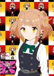 Rule 34 | 1girl, bow, bowtie, breasts, brown hair, checkered background, collared shirt, cowboy shot, double bun, dress, dress shirt, green bow, green bowtie, hair bun, highres, kantai collection, medium breasts, michishio (kancolle), pinafore dress, shirt, shukusei!! loli-kami requiem, sleeveless, sleeveless dress, smile, solo, twintails, white shirt, yellow eyes, yujimiya