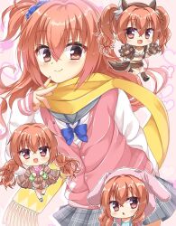 Rule 34 | 1girl, :d, :o, animal ear fluff, animal ear hairband, animal ears, animal hands, anniversary, arms behind back, blue bow, blue bowtie, blue scrunchie, blush, bow, bowtie, bra, breasts, brown shawl, brown skirt, buttons, casual, chain, chain necklace, chibi, chibi inset, cleavage, closed mouth, commentary request, cowboy shot, crossed bangs, eyes visible through hair, fake animal ears, fake tail, fang, floating hair, fringe trim, fuyukichi (nikoniko1567), gloves, grey sailor collar, grey skirt, hair between eyes, hair ornament, hair scrunchie, hairband, halloween costume, hand up, happy, heart, highres, holding, holding heart, hood, hood up, inaba meguru, jacket, jewelry, letterman jacket, long hair, long scarf, looking at viewer, low twintails, midriff, miniskirt, multiple views, navel, necklace, official alternate costume, official alternate hairstyle, one side up, open mouth, orange hair, paw gloves, pink background, pink jacket, plaid clothes, plaid skirt, pleated skirt, rabbit ears, red eyes, sailor collar, sanoba witch, scarf, school uniform, scrunchie, serafuku, shawl, simple background, skin fang, skirt, sleeves past wrists, small breasts, smile, standing, standing on one leg, tail, twintails, underwear, v, w arms, wavy hair, werewolf costume, white bra, white sleeves, wolf ears, wolf tail, yellow scarf