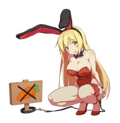 1girl alternate_costume alternate_hair_color animal_ears ara_haan bare_shoulders blonde_hair blush blush_stickers bound bound_wrists bow bowtie breasts cleavage elsword eyeshadow fake_animal_ears female_focus fishnet_pantyhose fishnets full_body hair_ornament high_heels large_breasts leotard long_hair makeup open_mouth pantyhose playboy_bunny rabbit_ears sando_(dukedevil) sign solo squatting transparent_background yellow_eyes