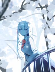 1girl absurdres against_railing ahoge alisa_mikhailovna_kujou blazer bloom_muchi blue_eyes bow bowtie branch closed_mouth hair_ribbon highres jacket long_hair long_sleeves looking_at_viewer outdoors pleated_shirt railing red_bow red_bowtie red_ribbon ribbon school_uniform seiren_academy_school_uniform solo standing tokidoki_bosotto_roshia-go_de_dereru_tonari_no_alya-san white_hair white_jacket winter_uniform
