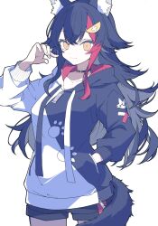 1girl animal_ears black_hair collar hand_in_pocket highres hololive hood hood_down hoodie long_hair looking_at_viewer minkof_nn multicolored_hair ookami_mio orange_eyes red_hair shorts simple_background smile solo tail two-tone_hair two-tone_hoodie virtual_youtuber white_background wolf_ears wolf_girl wolf_tail