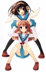 2girls absurdres animal_ears ankle_socks asahina_mikuru black_socks blue_sailor_collar blue_skirt bob_cut brown_eyes brown_footwear brown_hair fake_animal_ears full_body hairband highres ito_noizi kita_high_school_uniform kneehighs loafers long_hair long_sleeves looking_at_viewer medium_hair miniskirt multiple_girls open_mouth orange_hairband rabbit_ears red_ribbon ribbon sailor_collar school_uniform serafuku shoes simple_background skirt smile socks standing suzumiya_haruhi suzumiya_haruhi_no_yuuutsu white_background white_socks winter_uniform