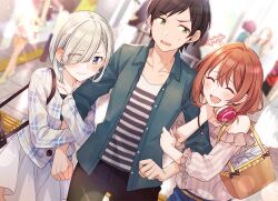 Rule 34 | +++, 2girls, :d, arm hug, bag, black hair, black pants, blue eyes, blurry, blurry background, blush, brown hair, closed mouth, collared shirt, commentary request, eyes visible through hair, facing viewer, green eyes, green shirt, grey hair, grey jacket, handbag, indoors, jacket, kohinata iroha (imouuzai), looking at another, looking to the side, medium hair, multiple girls, novel illustration, off-shoulder shirt, off shoulder, official art, ooboshi akiteru, open clothes, open mouth, open shirt, pants, people, second-party source, shirt, short hair, sideways glance, single tear, skirt, small sweatdrop, smile, tomari (veryberry00), tomodachi no imouto ga ore ni dake uzai, tsukinomori mashiro, white skirt, wing collar