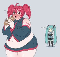 Rule 34 | ..., 2girls, ahoge, alternate body size, aqua eyes, aqua hair, bare shoulders, blush, boots, bread, breasts, commentary, cowboy shot, crossed arms, detached sleeves, drill hair, eating, english commentary, english text, fat, food, full body, grey background, grey shirt, grey skirt, hair between eyes, hatsune miku, highres, holding, holding food, jitome, kasane teto, large breasts, long hair, looking back, muffin top, multiple girls, navel, no nose, open mouth, parted lips, partially unbuttoned, pleated skirt, pocket, puffersnacks, red eyes, red hair, shadow, shirt, sidelocks, simple background, skirt, standing, sweatdrop, thick arms, thick thighs, thigh boots, thighhighs, thighs, twin drills, very long hair, vocaloid, wing collar, zettai ryouiki