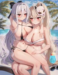 2girls absurdres areola_slip arm_around_neck arme_(cgsy7484) beach bikini black_bikini black_bow blue_sky blurry blurry_background bow breasts brown_hair cleavage closed_mouth cloud commission cup day grey_hair hair_between_eyes hair_bow highres large_breasts long_hair looking_at_viewer mask mask_on_head multiple_girls navel ocean open_mouth original outdoors palm_tree ponytail red_eyes sitting sitting_on_person sky swimsuit thighs tree unworn_eyewear very_long_hair white_bikini white_hair