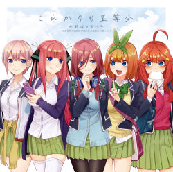 Rule 34 | 5girls, ahoge, bag, black pantyhose, black ribbon, blazer, blue bag, blue eyes, blue jacket, blue sweater, blush, bow, bowtie, breasts, brown hair, cellphone, closed mouth, clothes around waist, collarbone, collared shirt, dot nose, female focus, go-toubun no hanayome, green bow, green bowtie, green skirt, hair bow, hair ornament, hair over one eye, hair ribbon, hand on own chin, handbag, haruba negi, headphones, headphones around neck, highres, holding, holding phone, jacket, japanese text, kneehighs, large breasts, legs, long hair, long sleeves, looking at another, looking to the side, miniskirt, multiple girls, nakano ichika, nakano itsuki, nakano miku, nakano nino, nakano yotsuba, official art, open mouth, orange hair, pantyhose, phone, pink hair, pleated skirt, purple bag, purple jacket, quintuplets, red hair, red sweater, ribbon, school bag, school uniform, shirt, shirt tucked in, shirt under sweater, short hair, shoulder bag, siblings, sisters, skirt, smartphone, smartphone case, smile, socks, star (symbol), star hair ornament, sweater, sweater around waist, sweater tucked in, teeth, thighhighs, thighs, translation request, upper teeth only, very long hair, white bag, white shirt, white thighhighs, yellow sweater, zettai ryouiki