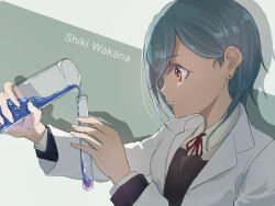 1girl blue_hair blue_liquid brown_eyes character_name commentary dress ear_piercing grey_background grey_dress highres holding lab_coat long_sleeves love_live! love_live!_superstar!! medium_hair neck_ribbon piercing red_ribbon ribbon school_uniform shirt solo symbol-only_commentary test_tube vial wakana_shiki white_shirt yu_lettuce yuigaoka_school_uniform