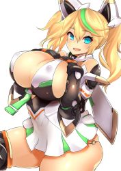1girl bad_id bad_twitter_id blonde_hair blue_eyes breasts covered_erect_nipples fang female_focus gene_(pso2) highres huge_breasts looking_at_viewer nuezou o-ring o-ring_bottom phantasy_star phantasy_star_online_2 skindentation smile solo thick_thighs thighs twintails