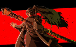 1boy black_hanfu chinese_clothes curtained_hair ehdbs1198 from_behind hair_ornament hanfu high_ponytail holding holding_behind_back holding_staff holding_weapon_behind_back jacket jacket_on_shoulders jia_qiu_(project_moon) letterboxed light_particles limbus_company long_hair male_focus outside_border outstretched_hand ponytail project_moon red_scarf scarf solo staff upper_body very_long_hair