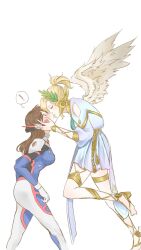 ! 2girls angel_wings blonde_hair blush bodysuit breasts brown_eyes brown_hair closed_eyes d.va_(overwatch) facial_mark flying gauntlets gladiator_heels gloves hand_on_another&#039;s_face headphones kinhanamer kiss long_hair mercy_(overwatch) multiple_girls overwatch overwatch_1 ponytail robe rope_belt surprised white_background white_gloves white_robe wings yuri