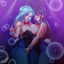 2girls absurdres animal_ears artist_name ass bare_shoulders black_eyes black_hair black_leotard blue_eyes blue_hair blue_pantyhose bow bowtie breasts bulma chi-chi_(dragon_ball) collar cowboy_shot curvy detached_collar dragon_ball dragonball_z earrings eyeshadow fake_animal_ears fake_tail female_focus fingering fingering_through_clothes fingernails from_side hand_on_another&#039;s_crotch hand_on_another&#039;s_waist hand_up highleg highleg_leotard highres huge_ass huge_breasts indoors jewelry large_breasts leotard long_fingernails long_hair looking_at_viewer looking_to_the_side makeup middle_finger multiple_girls naughty_face nexxa open_mouth pantyhose pink_nails playboy_bunny purple_eyeshadow rabbit_ears red_bow red_bowtie sharp_fingernails smile standing strapless strapless_leotard tail teeth thick_thighs thighs through_clothes tongue tongue_out upper_teeth_only white_collar wide_hips yuri