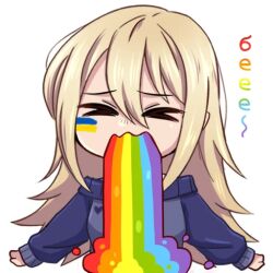 Rule 34 | 1girl, black choker, blonde hair, blush, choker, clenched hands, closed eyes, facepaint, hair between eyes, henna (hentaiukr), hentaiukr, korzynka persykiv, long hair, non-web source, off shoulder, open mouth, purple sweater, solo, sticker, sweater, transparent background, ukrainian flag, vomiting rainbows, wavy mouth