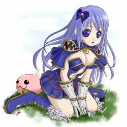 1girl :3 alternate_color blue_boots blue_dress blue_eyes blue_hair boots breasts commentary_request creator_(ragnarok_online) dress full_body fur-trimmed_boots fur_trim gloves grass hal_masquerade highres large_breasts long_hair looking_at_viewer navel open_mouth plunging_neckline poring purple_eyes ragnarok_online short_dress simple_background sitting slime_(creature) solo wariza white_background white_gloves