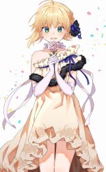 Rule 34 | 1girl, ahoge, artoria pendragon (fate), blonde hair, commentary request, confetti, dress, elbow gloves, fate/stay night, fate (series), flower, formal clothes, gloves, green eyes, highres, holding, holding flower, looking at viewer, official alternate costume, pink flower, pink rose, rose, saber (fate), short hair, simple background, smile, solo, tanka kikurage, white background, white gloves, yellow dress